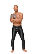 Black high-shine powerwetlook men's trousers with smooth PVC front pleats and back pockets.