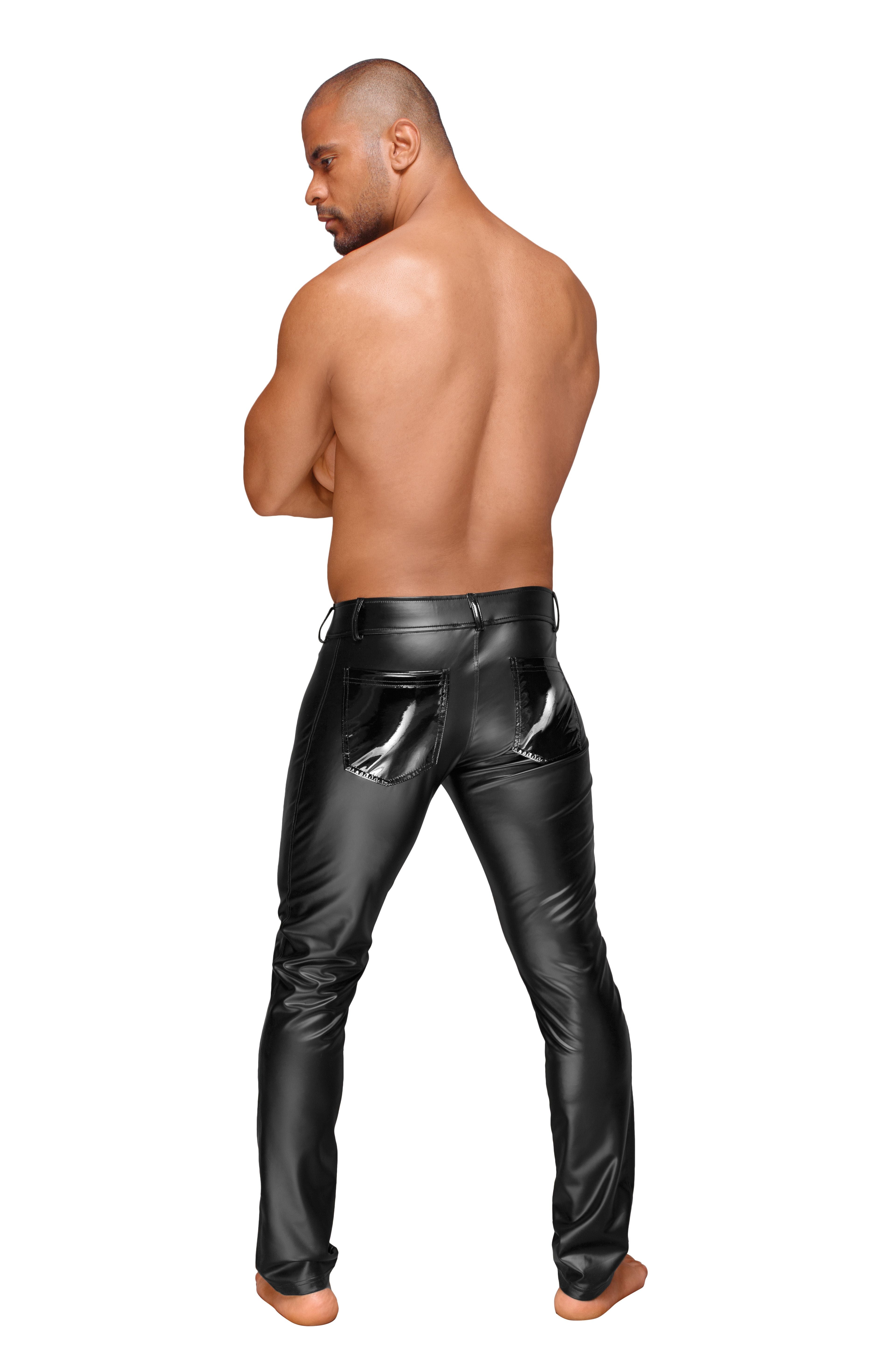 Black high-shine powerwetlook men's trousers with smooth PVC front pleats and back pockets. — view 2