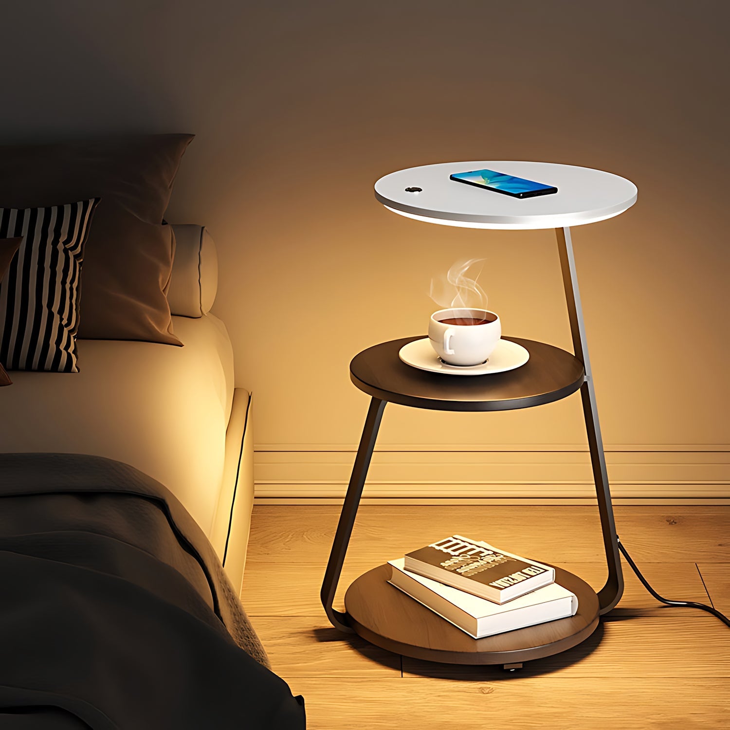 Smart nightstand with wireless charger and built-in LED light made of wood and iron — view 2