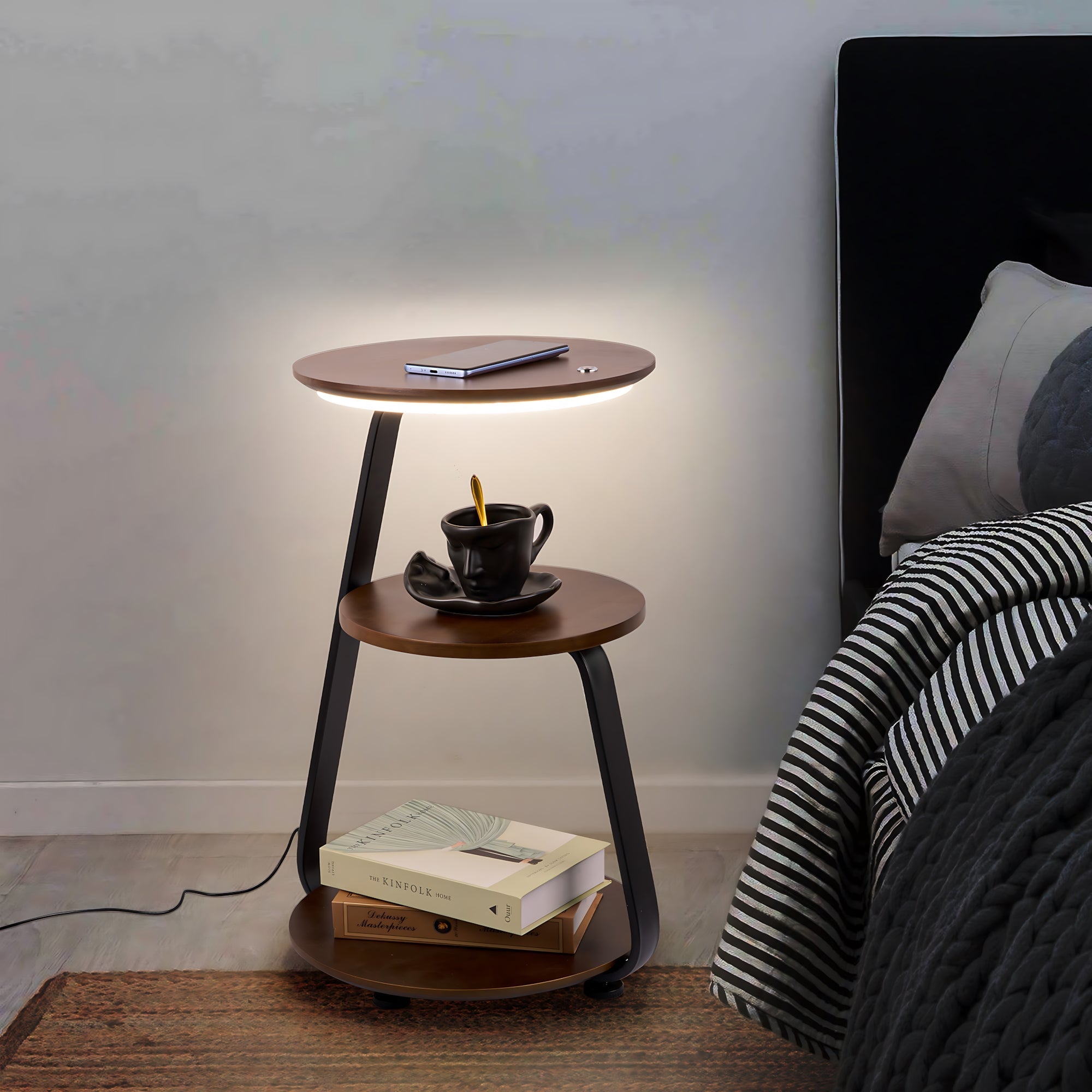 Smart nightstand with wireless charger and built-in LED light made of wood and iron — view 3