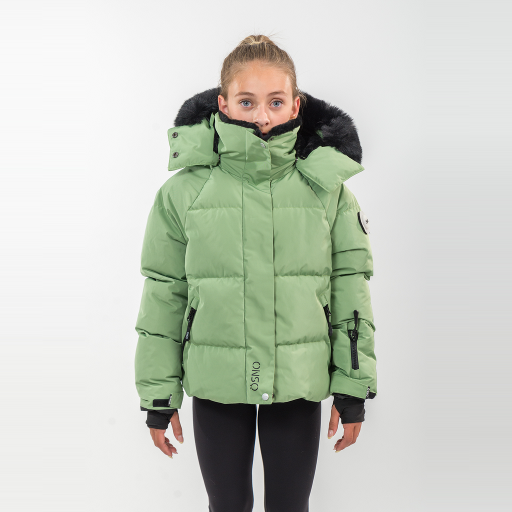 Green girls cropped ski jacket and snow pants winter set with black fur hood — view 5