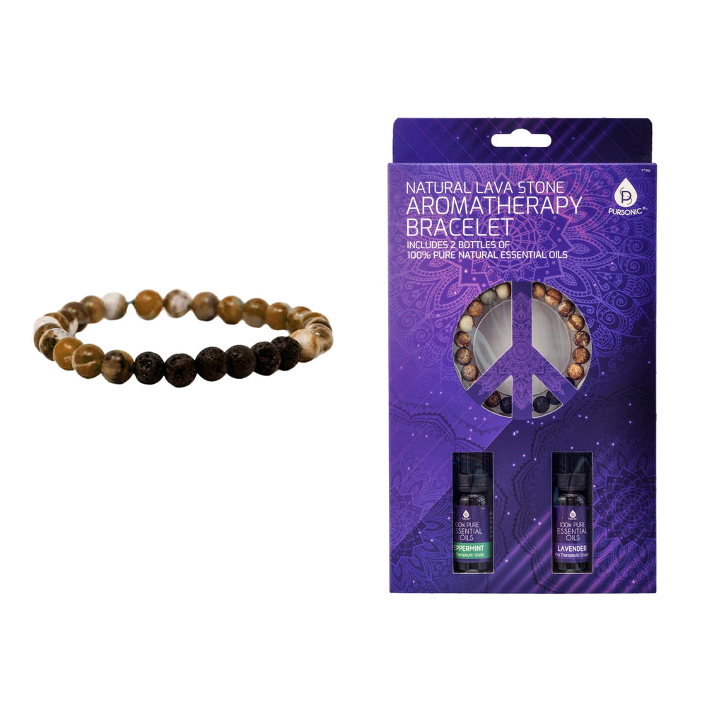 Natural lava stone bracelet, essential oil bottles, and trinity gemstone necklace on a flat surface — view 5