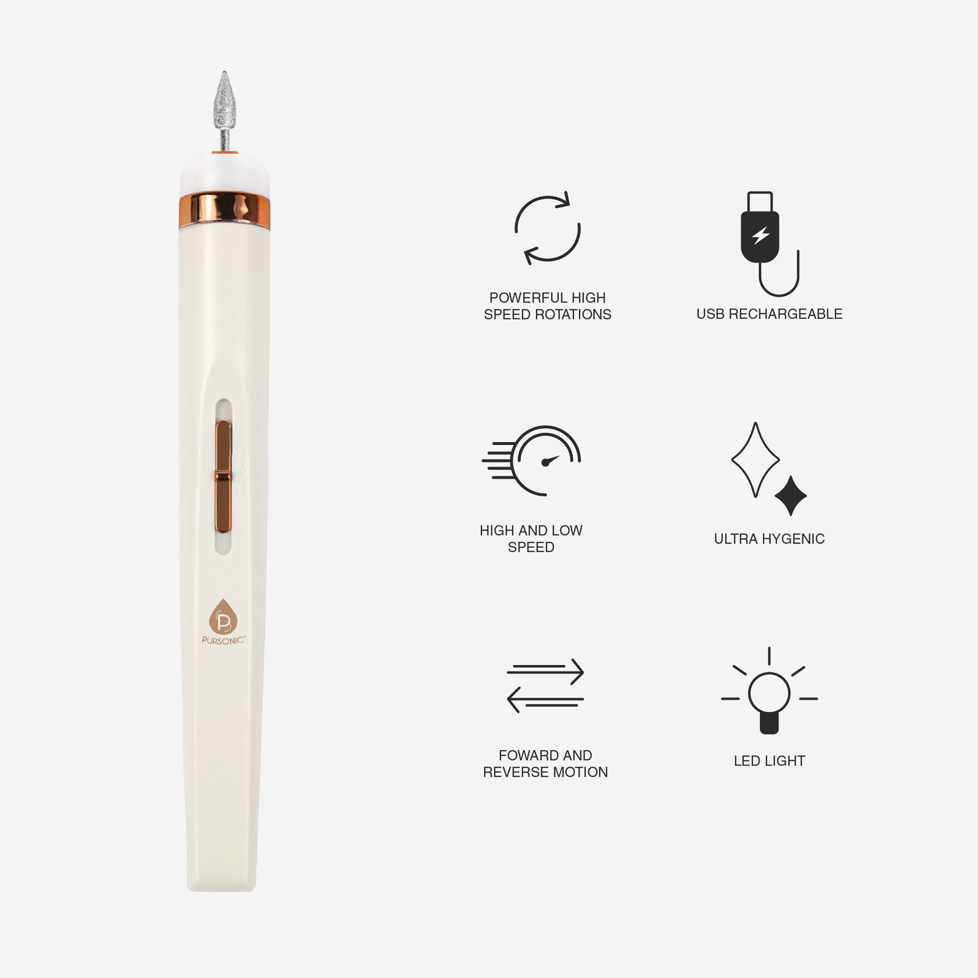 Pursonic rechargeable electric nail drill with five precision care heads and built-in LED light — view 2