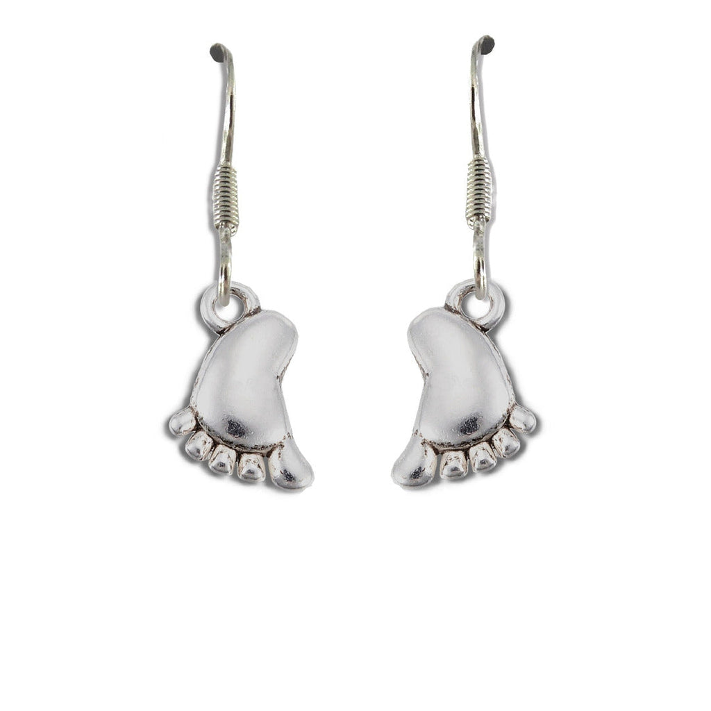 Silver baby foot drop earrings with sterling silver hooks resting gracefully on a white background