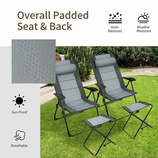 Gray folding patio dining chair with padded seat, headrest, and matching footrest ottoman — view 2