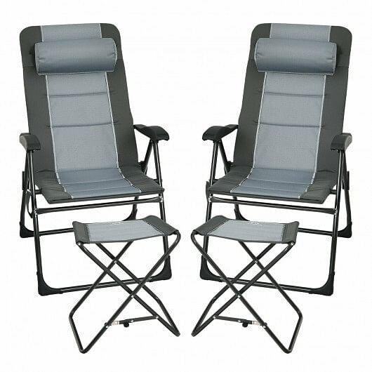 Gray folding patio dining chair with padded seat, headrest, and matching footrest ottoman — view 3