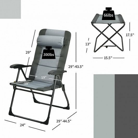Gray folding patio dining chair with padded seat, headrest, and matching footrest ottoman — view 4