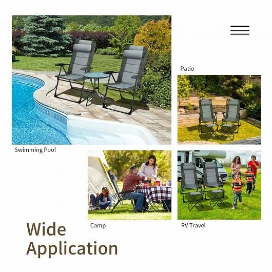Gray folding patio dining chair with padded seat, headrest, and matching footrest ottoman — view 5