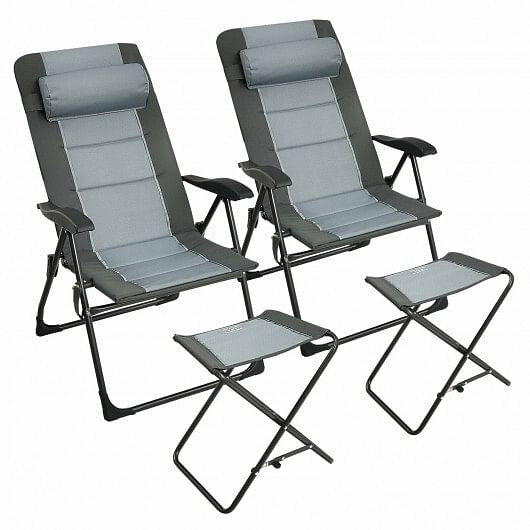 Gray folding patio dining chair with padded seat, headrest, and matching footrest ottoman — view 6