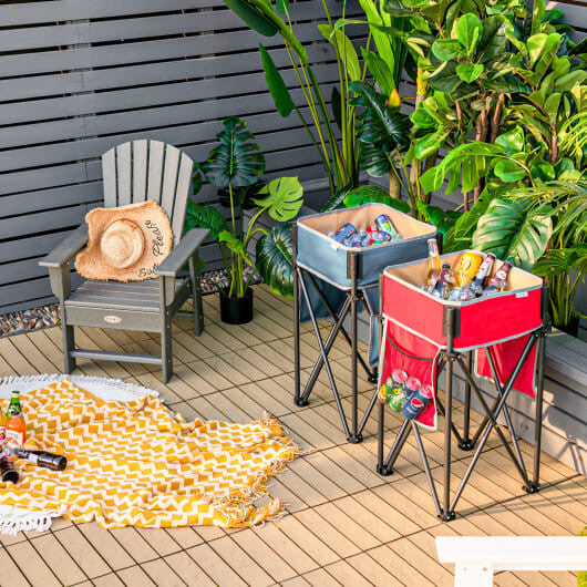 Two-piece folding camping table with waterproof fabric storage sinks, steel frames, and side organizer pockets