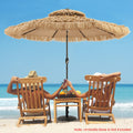 9-foot thatched tiki patio umbrella featuring built-in LED lights and a rust-resistant center pole.