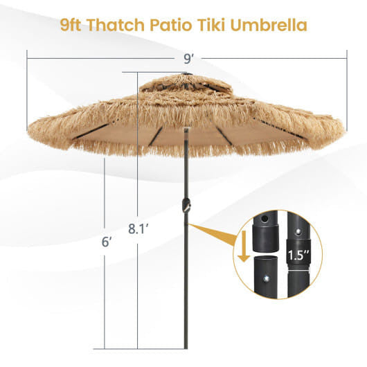 9-foot thatched tiki patio umbrella featuring built-in LED lights and a rust-resistant center pole. — view 3
