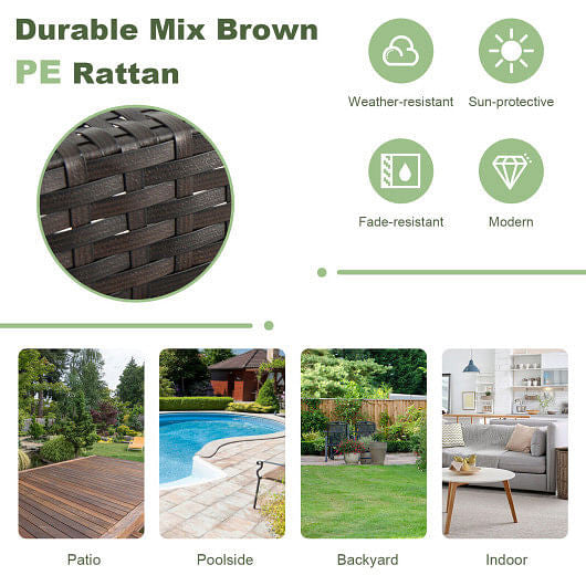 Two brown rattan patio bar stools with steel frames and built in footrests for outdoor dining — view 2