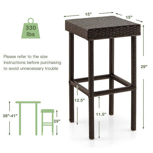 Two brown rattan patio bar stools with steel frames and built in footrests for outdoor dining — view 3