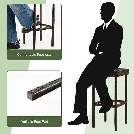 Two brown rattan patio bar stools with steel frames and built in footrests for outdoor dining — view 4
