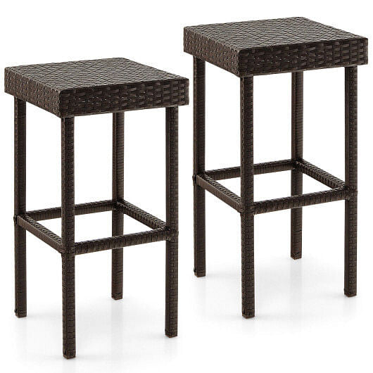 Two brown rattan patio bar stools with steel frames and built in footrests for outdoor dining — view 5