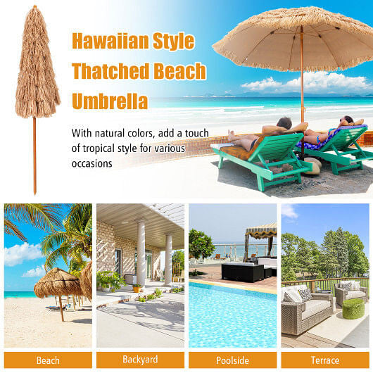 8-foot thatched Hawaiian tiki beach umbrella with durable rustproof pole providing outdoor patio shade — view 2