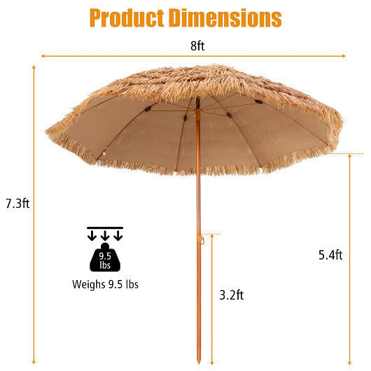 8-foot thatched Hawaiian tiki beach umbrella with durable rustproof pole providing outdoor patio shade — view 3