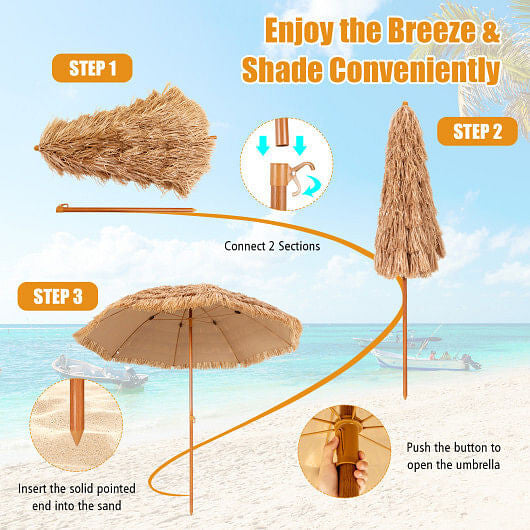 8-foot thatched Hawaiian tiki beach umbrella with durable rustproof pole providing outdoor patio shade — view 4