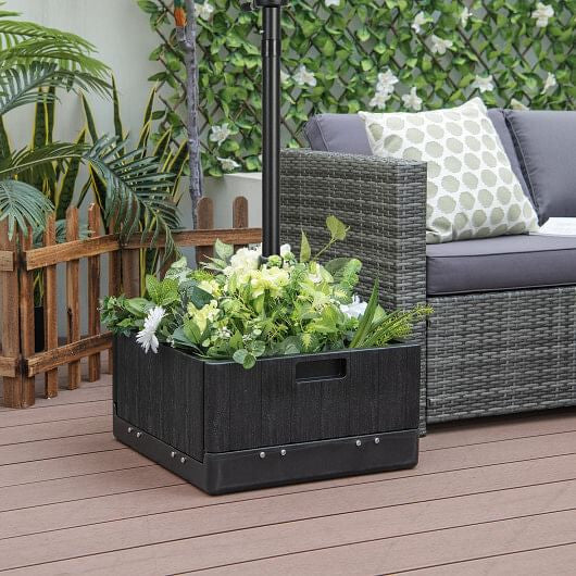 175 LBS outdoor fillable umbrella base with black table tray, planter box, and rolling wheels