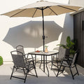 Black 34-inch square outdoor patio dining table with tempered glass top and umbrella hole