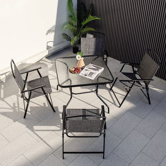 Black 34-inch square outdoor patio dining table with tempered glass top and umbrella hole — view 2