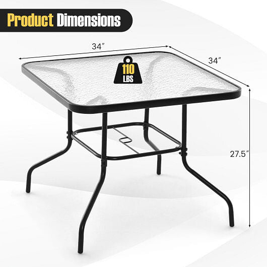 Black 34-inch square outdoor patio dining table with tempered glass top and umbrella hole — view 3