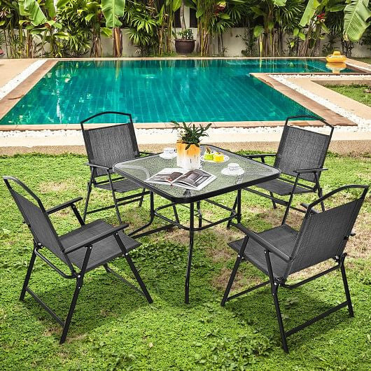 Black 34-inch square outdoor patio dining table with tempered glass top and umbrella hole — view 4