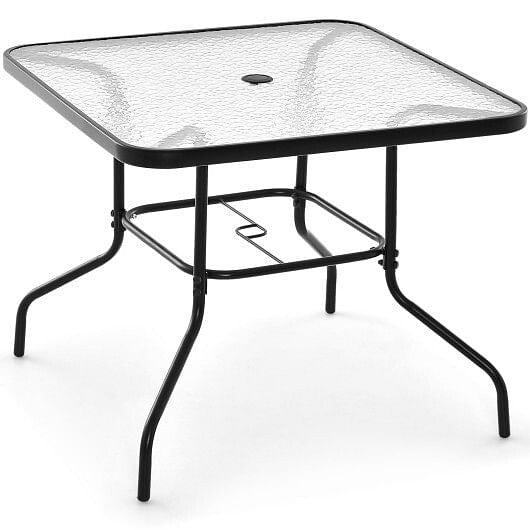 Black 34-inch square outdoor patio dining table with tempered glass top and umbrella hole — view 5