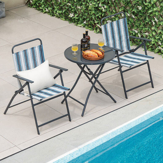 3-piece outdoor folding chair and round table set with breathable fabric and heavy-duty metal frame — view 2