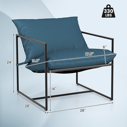 Two navy blue sling accent patio chairs with metal frames and soft weatherproof cushions. — view 3