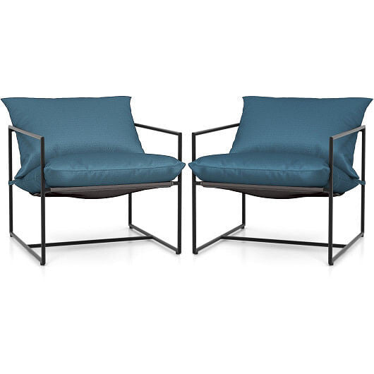 Two navy blue sling accent patio chairs with metal frames and soft weatherproof cushions. — view 5