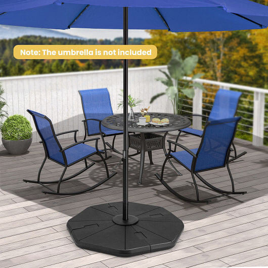 4-piece fillable umbrella base stand in black HDPE material for patio and poolside cantilever umbrellas