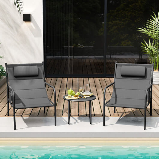 Gray three piece outdoor patio bistro set featuring two metal chairs and a coffee table — view 2