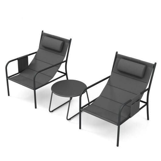 Gray three piece outdoor patio bistro set featuring two metal chairs and a coffee table — view 3