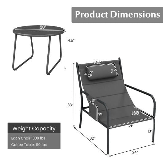 Gray three piece outdoor patio bistro set featuring two metal chairs and a coffee table — view 4