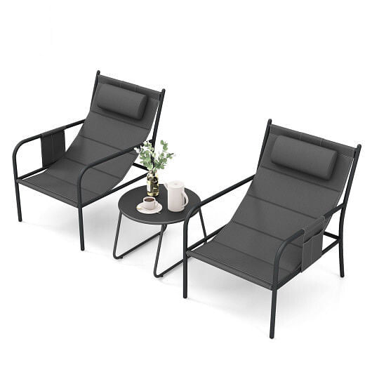 Gray three piece outdoor patio bistro set featuring two metal chairs and a coffee table — view 5
