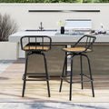 Set of two 360 degree swivel bar stools in black metal and natural slatted wood