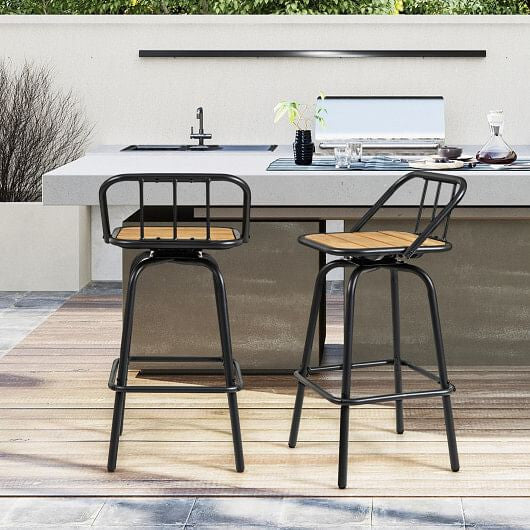 Set of two 360 degree swivel bar stools in black metal and natural slatted wood
