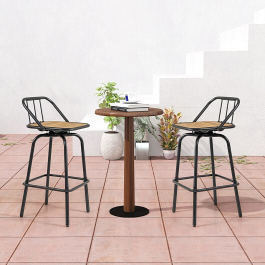 Set of two 360 degree swivel bar stools in black metal and natural slatted wood — view 2