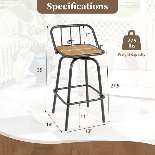 Set of two 360 degree swivel bar stools in black metal and natural slatted wood — view 3
