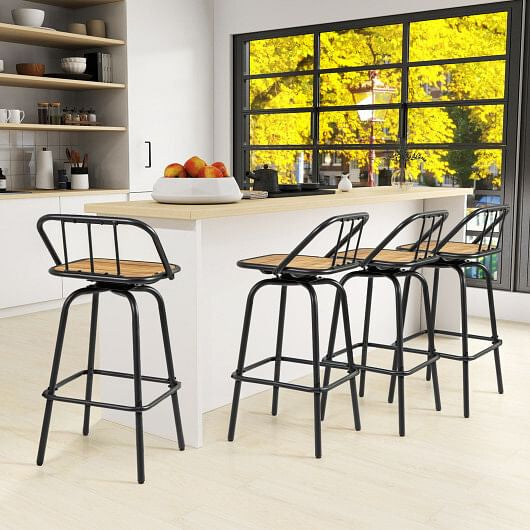 Set of two 360 degree swivel bar stools in black metal and natural slatted wood — view 4