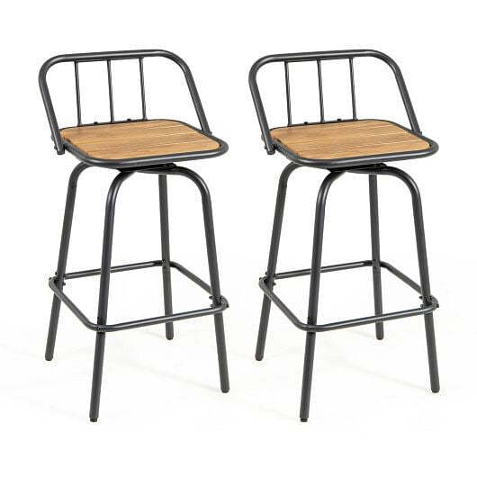 Set of two 360 degree swivel bar stools in black metal and natural slatted wood — view 5