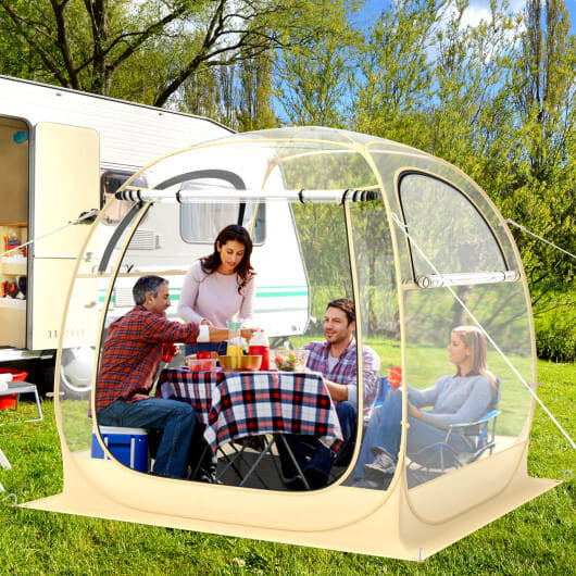 Clear PVC instant pop-up sports tent with roll-up doors, wind ropes, and waterproof floor mat