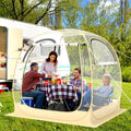 Clear PVC instant pop-up sports tent with roll-up doors, wind ropes, and waterproof floor mat
