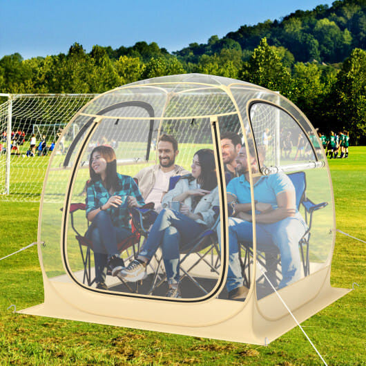 Clear PVC instant pop-up sports tent with roll-up doors, wind ropes, and waterproof floor mat — view 2