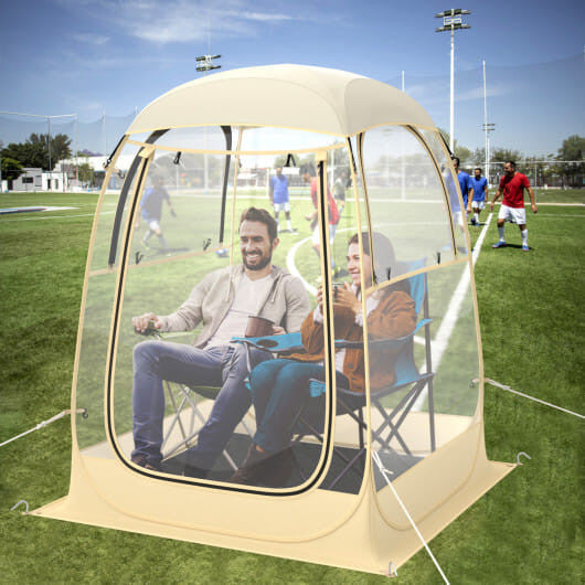 Clear PVC instant pop-up sports tent with roll-up doors, wind ropes, and waterproof floor mat — view 6