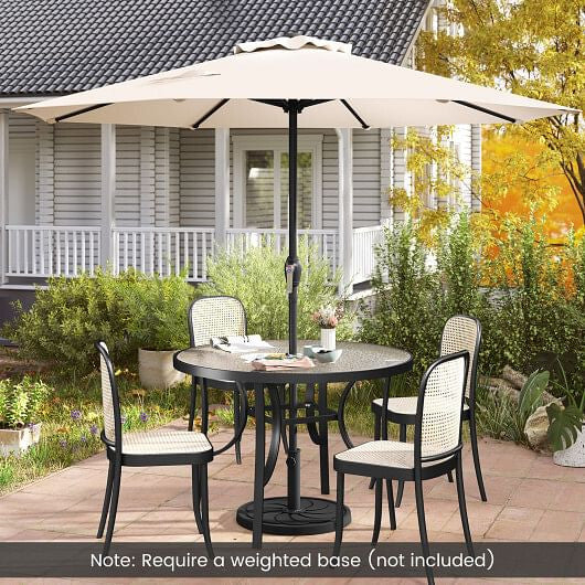 Beige outdoor market umbrella with heavy-duty metal frame and open sun-proof polyester canopy.