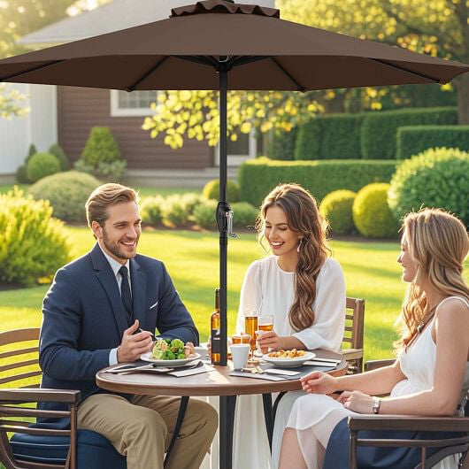 Beige outdoor market umbrella with heavy-duty metal frame and open sun-proof polyester canopy. — view 9