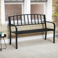 Black 50 inch outdoor garden bench with slatted backrest and curved armrests in spray painted metal